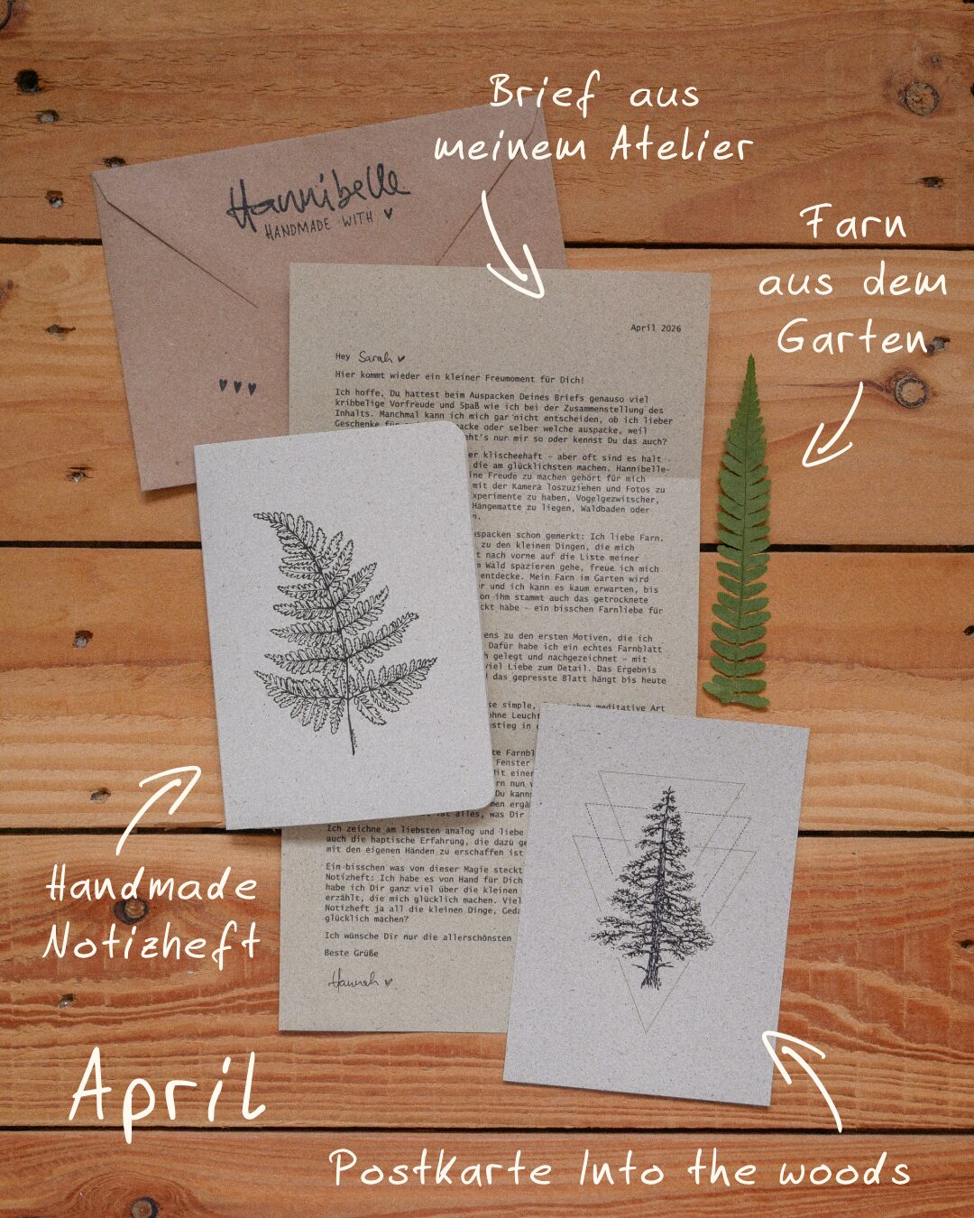 Übersicht Hannibelle-Brief April: Ein Brief aus dem Atelier, getrockneter Farn aus dem Garten ein Handmade Notizheft mit Farn und eine Postkarte mit Tanne