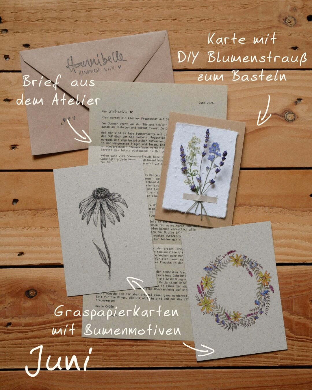 snail-mail-ausgabe-juni-wildblumen Inhalt der Juni-Ausgabe: Persönlicher Brief aus dem Studio, DIY-Blumenstraußkarte zum selber basteln mit getrockneten Blumen und zwei Graspapierkarten mit Blumenmotiven